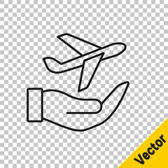 Black line Plane in hand icon isolated on transparent background. Flying airplane. Airliner insurance. Security, safety, protection, protect concept. Vector