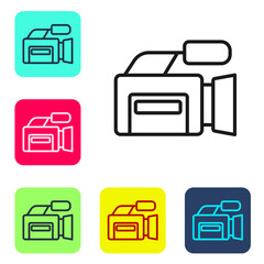 Black line Cinema camera icon isolated on white background. Video camera. Movie sign. Film projector. Set icons in color square buttons. Vector