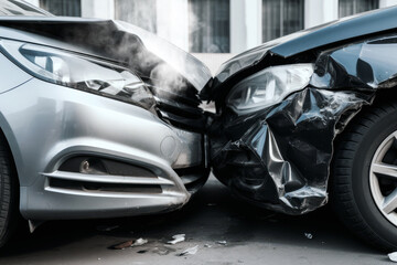 car accident. frontal crash of two cars closeup. generative AI