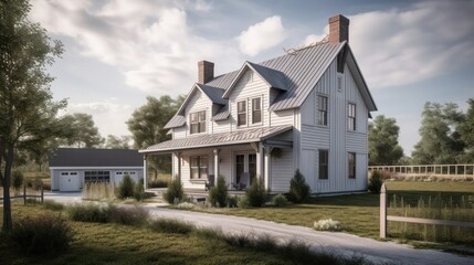 Farmhouse exterior house design in daytime golden hour generative ai