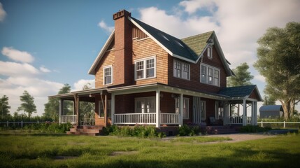 Fototapeta na wymiar Farmhouse exterior house design in daytime golden hour generative ai