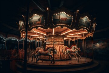 Vintage carousel in old circus. Generative AI