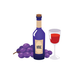 Blue bottle of wine and grapes flat style, vector illustration