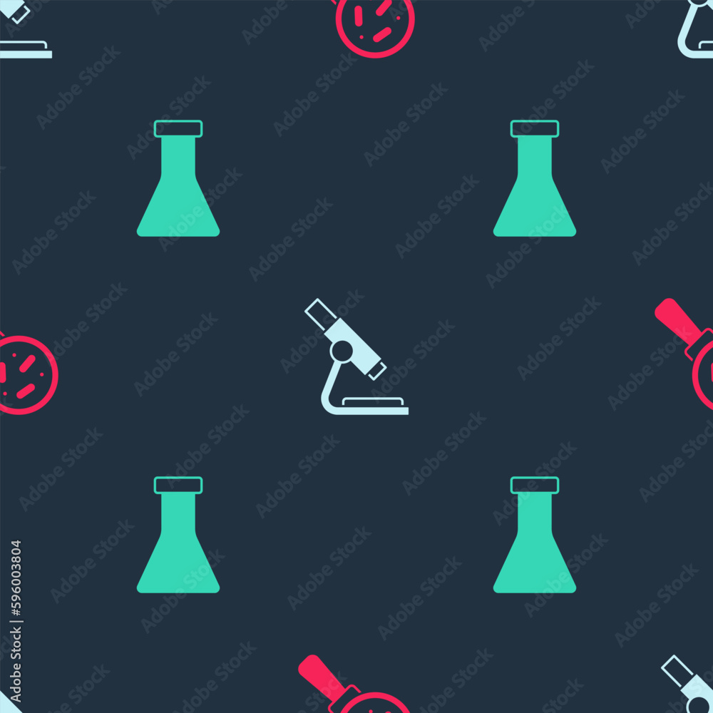 Aufkleber set microorganisms under magnifier, microscope and test tube and flask on seamless pattern. vector