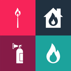 Set pop art Fire flame, extinguisher, burning house and Burning match with fire icon. Vector