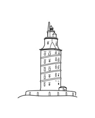 Hercules tower, torre de Hercules, A Coruña, Galicia, Spain. Historic monument architecture lighthouse located in North of Spain. Hand drawn inked strokes sketch style vector illustration.