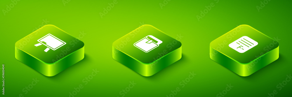 Poster set isometric book, exam paper with incorrect answers and chalkboard icon. vector