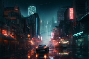 Digital art of a futuristic city at night with cyberpunk themes and AI-inspired illustration. Generative AI
