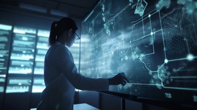 Digital technology, software development concept. Coding programmer, software engineer working on laptop with circuit board and javascript on virtual screen, internet of things