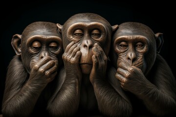 A depiction of the famous phrase 'see no evil, speak no evil, hear no evil', featuring three monkeys covering their eyes, mouth and ears. Generative AI - obrazy, fototapety, plakaty