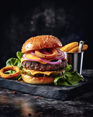 Cheese burger - American cheese burger with Golden French fries and onion rings