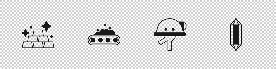 Set Gold bars, Conveyor belt carrying coal, Miner helmet and Gem stone icon. Vector