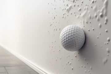 Golf ball forcefully piercing a white wall. 3D render. Generative AI