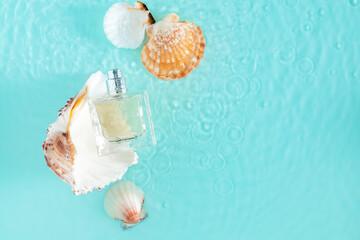Top view of Transparent glass perfume bottle and sea shells in spray water background. Flat lay, copy space