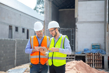 Structural engineer and foreman worker plant working in outdoors building construction site.