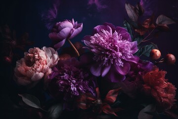 A floral painting on a purple backdrop. Generative AI