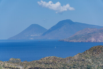 Fototapeta premium Eolias island landscape viewed from vulcano island with town and mediterranean sea