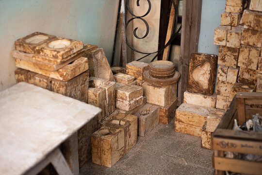 Old wooden blocks in workshop