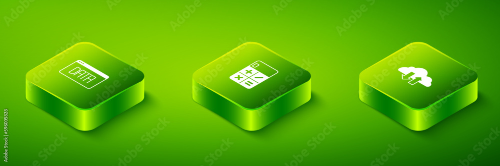 Poster set isometric calculator, cloud download and upload and data analysis icon. vector