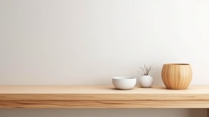 Obraz na płótnie Canvas With a bright wood counter, a warm white wall, a vase plant, and a clock, this minimalist, cozy counter mockup design is perfect for branding or product presentation backgrounds. Generative AI