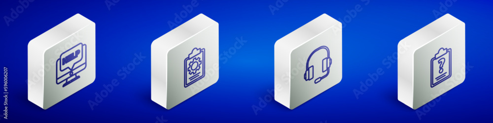 Poster set isometric line computer monitor and help, checklist with 24 hours service, headphones and clipbo