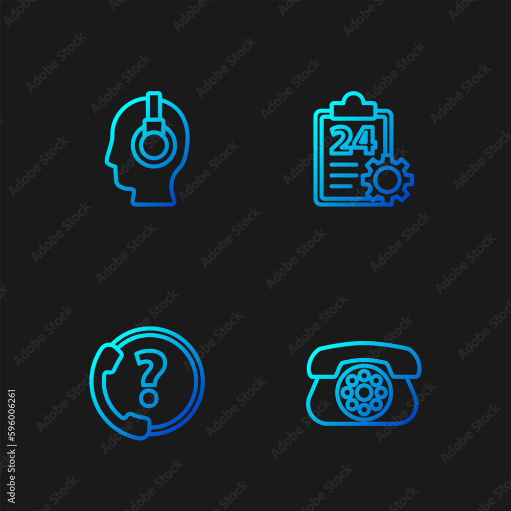 Poster set line telephone, 24 hours support, support operator in touch and checklist with service. gradient