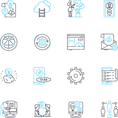Growth planning linear icons set. Vision, Strategy, Objectives, Metrics, Forecasting, Projections, Alignment line vector and concept signs. Scaling,Resources,Implementation outline illustrations
