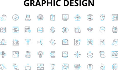 Fototapeta na wymiar Graphic design linear icons set. Typography, Color, Layout, Proportion, Contrast, Scale, Texture vector symbols and line concept signs. Shape,Alignment,Hierarchy illustration