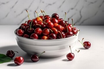 Cherry in white bowl. Ingredients for juice, salad, dishes. 