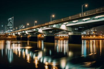 A brightly lit bridge spanning a river with a city skyline in the distance, captured at night with long exposure. Generative AI