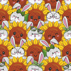 Seamless Pattern Bunny Rabbit And Sunflowers. Cute Cartoon Illustration