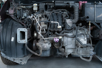 The engine of a car that has been hit hard. Professional technicians repair until it is in normal working condition.
