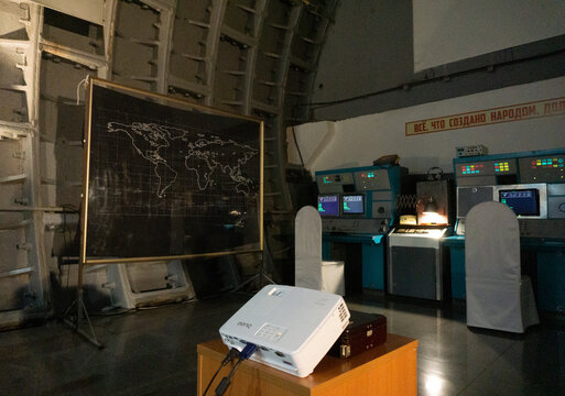 computers and world maps inside a control room of cold war bunker 42 