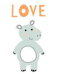 Obraz na płótnie Canvas Cute hippo card tile greeting Text Love cartoon for t-shirt, print, product, flyer, patch, fabric, textile, fashion, baby, kid, hand drawn style. vector illustration EPS