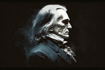 Artistic representation of liszt, concept of Classical Music and Portraiture, created with Generative AI technology