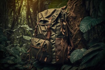 Backpack hanging from a tree branch in a dense jungle, concept of Nature and Adventure, created with Generative AI technology