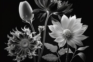 Black and white flowers, concept of Contrast and Monochrome, created with Generative AI technology