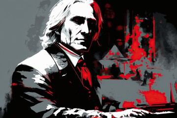 Artistic representation of liszt, concept of Classical Music and Portraiture, created with Generative AI technology