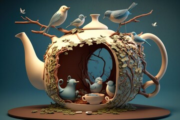 Bird feeder made out of a teapot with a group of birds enjoying a meal, concept of Recycling art and Bird watching, created with Generative AI technology