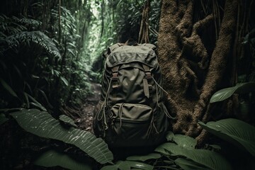 Fototapeta na wymiar Backpack hanging from a tree branch in a dense jungle, concept of Nature and Adventure, created with Generative AI technology