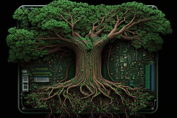 Circuit board with connectors resembling roots of a tree, concept of Cyber-organic interface and Root networking, created with Generative AI technology
