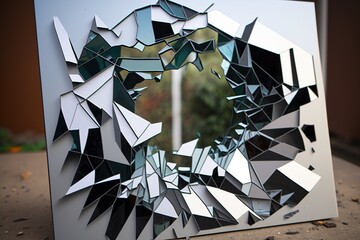 Broken mirror reassembled into a geometric art piece, concept of Fractured beauty and Geometric abstraction, created with Generative AI technology