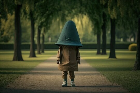 Hat with legs and arms walking through a park, concept of Anthropomorphic objects and surrealism, created with Generative AI technology