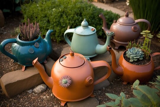 Group of vintage teapots repurposed as planters in a garden, concept of Upcycling and Gardening, created with Generative AI technology