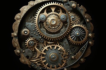 Set of metal gears turned into a clock face, concept of Mechanical engineering and Time measurement, created with Generative AI technology