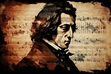 Sheet music by chopin, concept of Music notation and Chopin compositions, created with Generative AI technology - obrazy, fototapety, plakaty