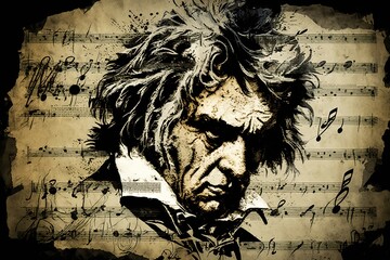 Sheet music by beethoven, concept of Musical notation and Ludwig van Beethoven, created with Generative AI technology - obrazy, fototapety, plakaty