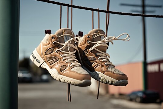 Pair Of Sneakers Hanging From A Power Line In A Suburban Neighborhood, Concept Of Urban Art And Mischief, Created With Generative AI Technology