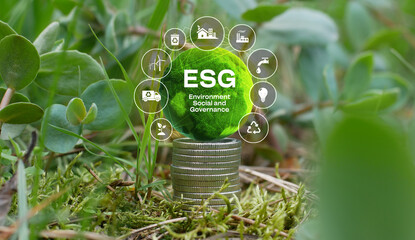 ESG concept of environmental, social, and governance.Digital ESG icons on a violet flower background. Idea for esg investment sustainable organizational development. account the environment