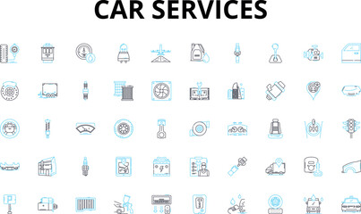 Car services linear icons set. Maintenance, Repair, Detailing, Restoration, Inspection, Towing, Alignment vector symbols and line concept signs. OilChange,Tune-up,Brakes illustration